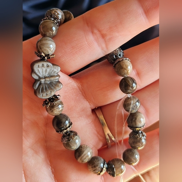 Stunning Skeletal Moonstone and Silver Obsidian Butterfly Beaded Stretch Bracele - Picture 5 of 6